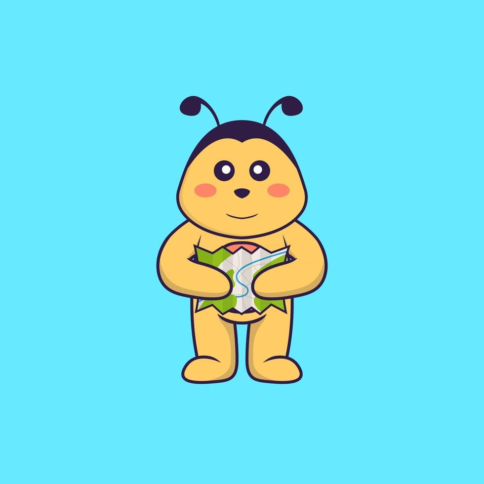 Cute bee holding a map. Animal cartoon concept isolated. Can used for t-shirt, greeting card, invitation card or mascot. Flat Cartoon Style vector