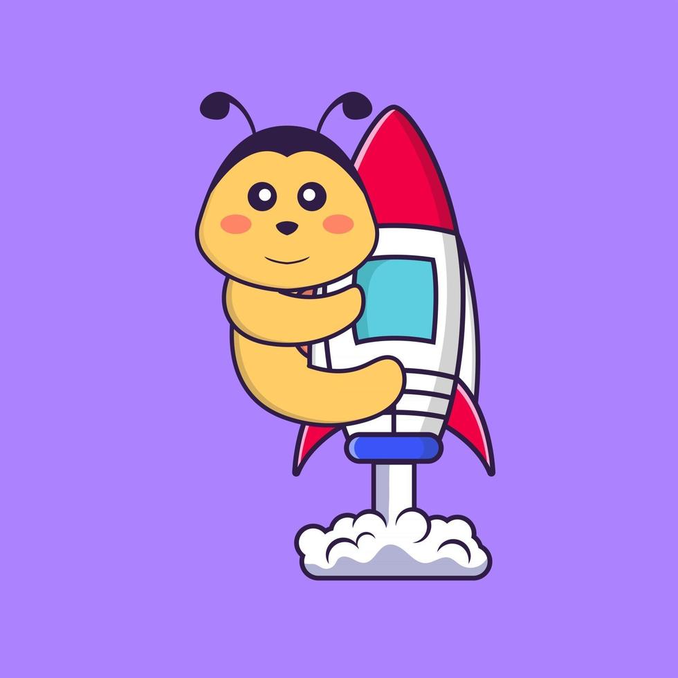 Cute bee flying on rocket. Animal cartoon concept isolated. Can used for t-shirt, greeting card, invitation card or mascot. Flat Cartoon Style vector