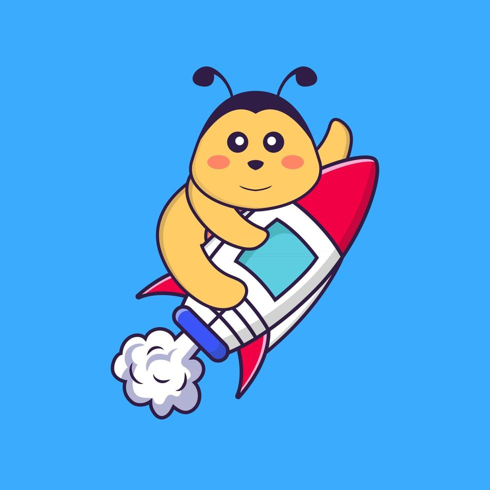 Cute bee flying on rocket. Animal cartoon concept isolated. Can used for t-shirt, greeting card, invitation card or mascot. Flat Cartoon Style vector