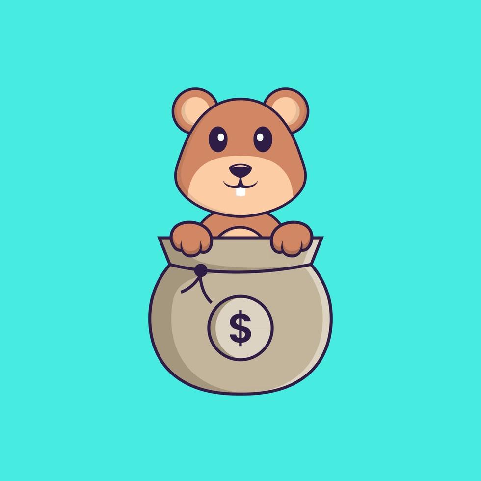 Cute squirrel playing in money bag. Animal cartoon concept isolated. Can used for t-shirt, greeting card, invitation card or mascot. Flat Cartoon Style vector