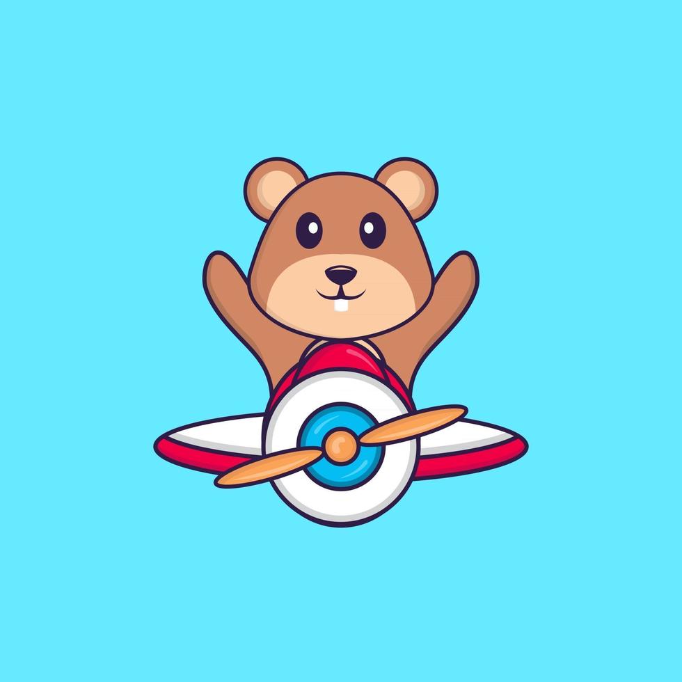 Cute squirrel flying on a plane. Animal cartoon concept isolated. Can used for t-shirt, greeting card, invitation card or mascot. Flat Cartoon Style vector