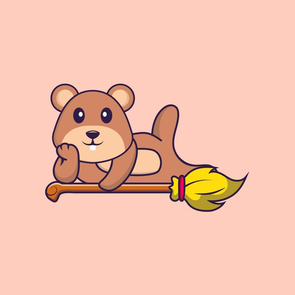 Cute squirrel lying on Magic Broom. Animal cartoon concept isolated. Can used for t-shirt, greeting card, invitation card or mascot. Flat Cartoon Style vector