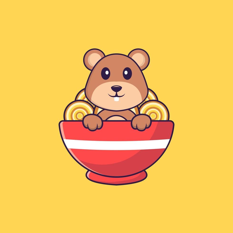 Cute squirrel eating ramen noodles. Animal cartoon concept isolated. Can used for t-shirt, greeting card, invitation card or mascot. Flat Cartoon Style vector