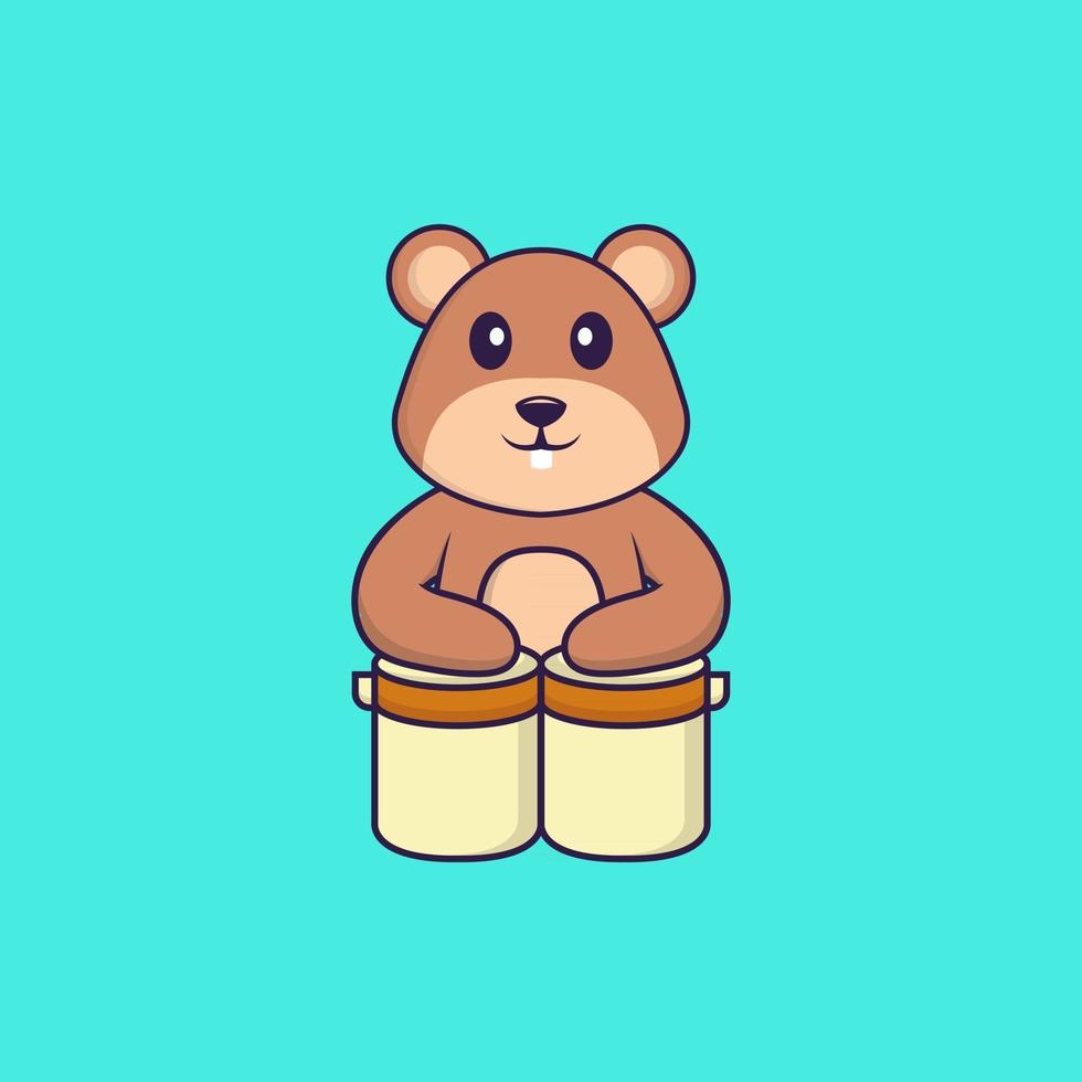 Cute squirrel is playing drums. Animal cartoon concept isolated. Can used for t-shirt, greeting card, invitation card or mascot. Flat Cartoon Style vector