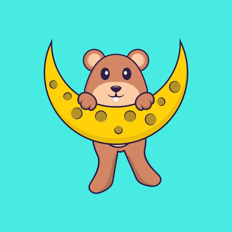 Cute squirrel is on the moon. Animal cartoon concept isolated. Can used for t-shirt, greeting card, invitation card or mascot. Flat Cartoon Style vector
