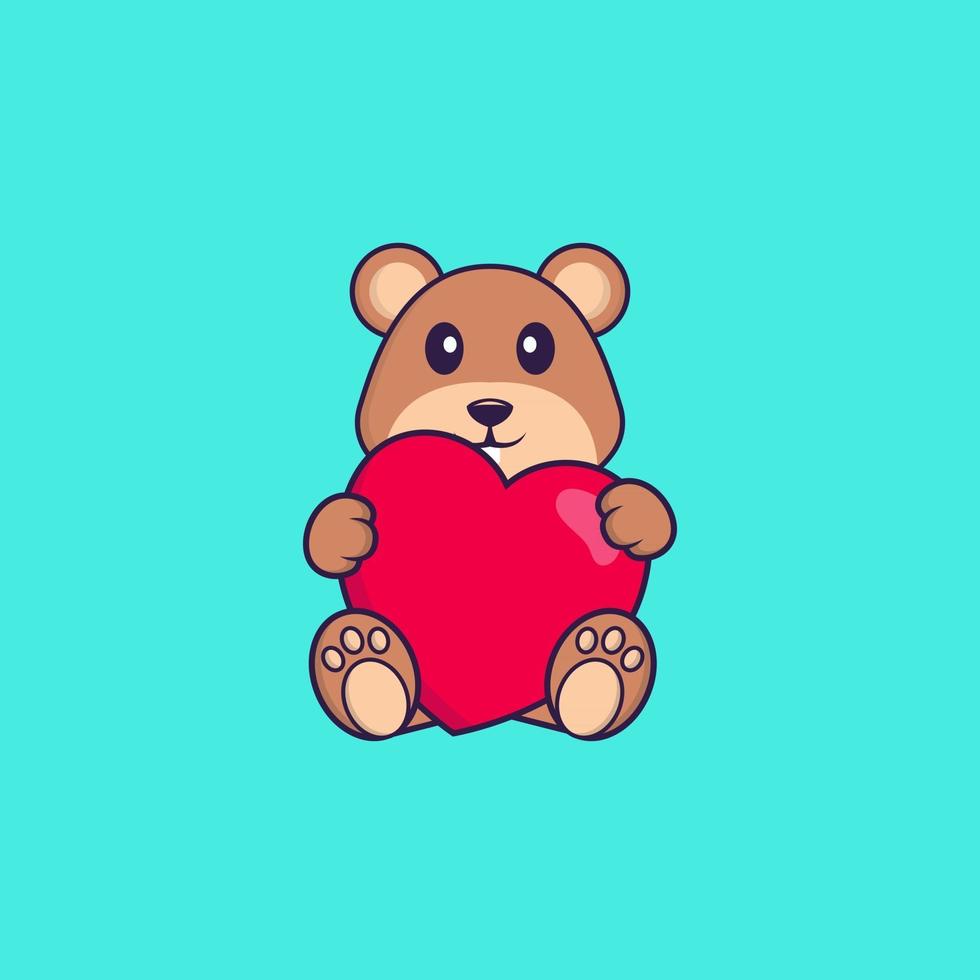 Cute squirrel holding a big red heart. Animal cartoon concept isolated. Can used for t-shirt, greeting card, invitation card or mascot. Flat Cartoon Style vector