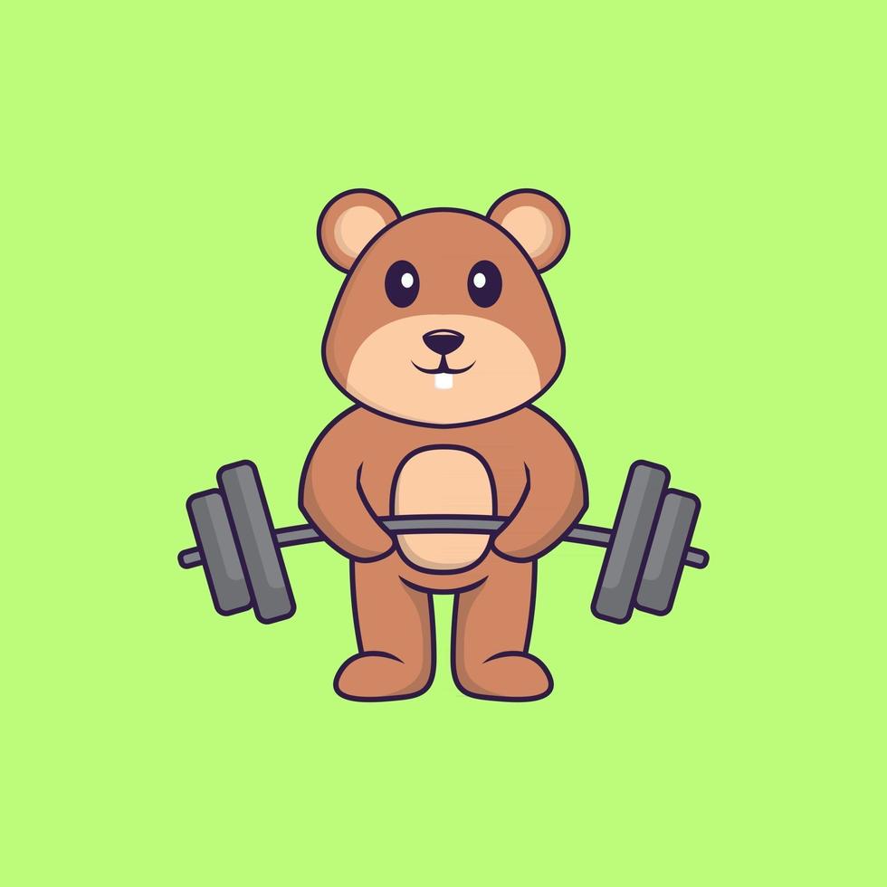 Cute squirrel lifts the barbell. Animal cartoon concept isolated. Can used for t-shirt, greeting card, invitation card or mascot. Flat Cartoon Style vector