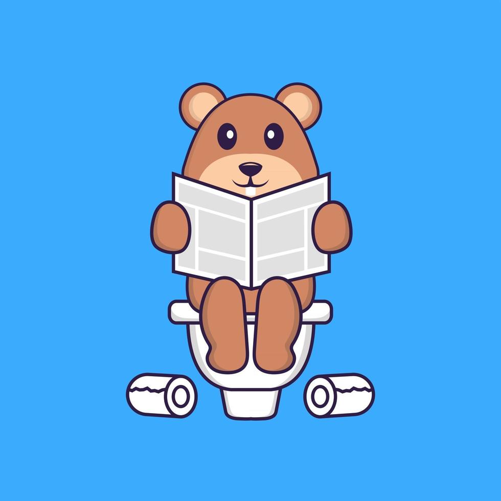 Cute squirrel Pooping On Toilet and read newspaper. Animal cartoon concept isolated. Can used for t-shirt, greeting card, invitation card or mascot. Flat Cartoon Style vector