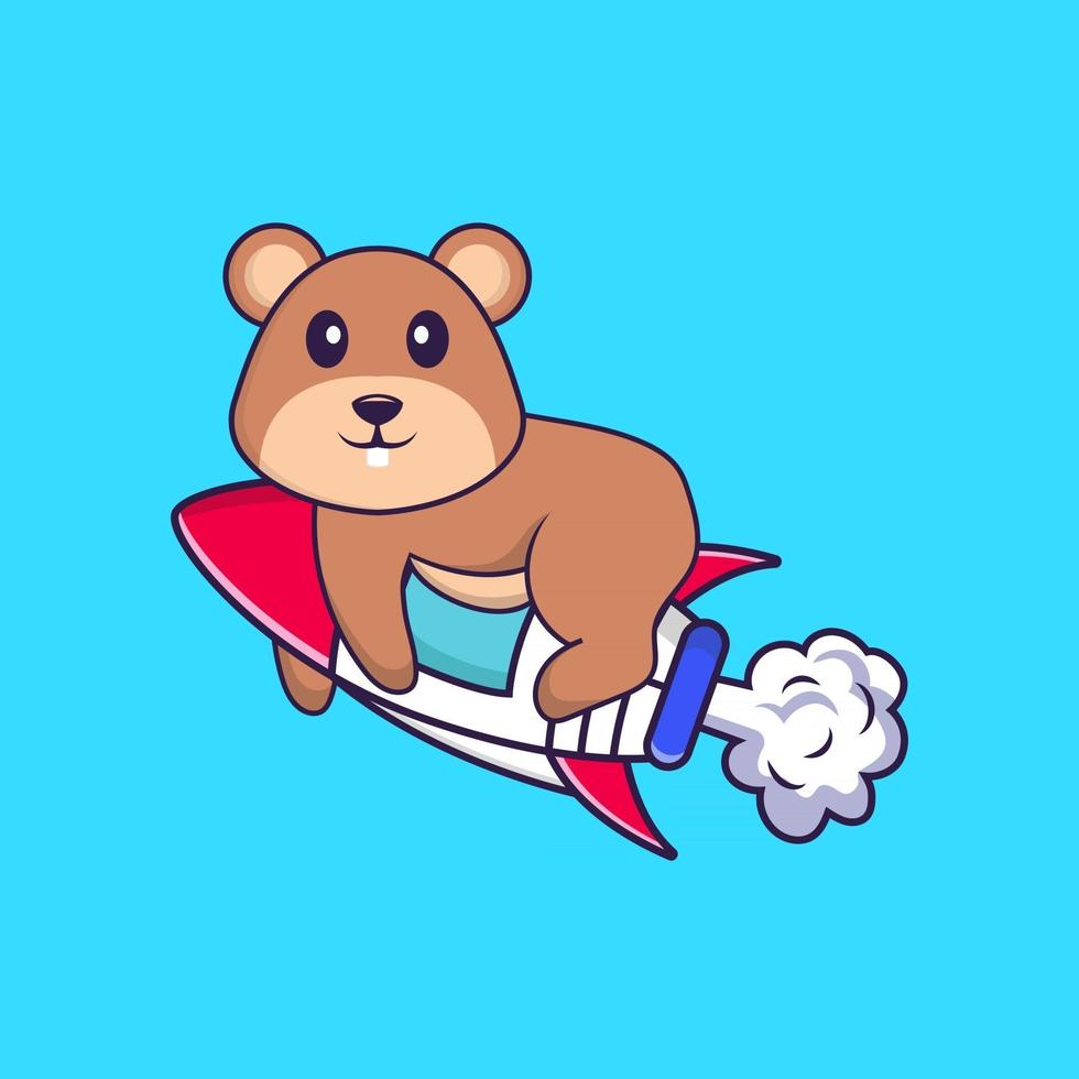 Cute squirrel flying on rocket. Animal cartoon concept isolated. Can used for t-shirt, greeting card, invitation card or mascot. Flat Cartoon Style vector