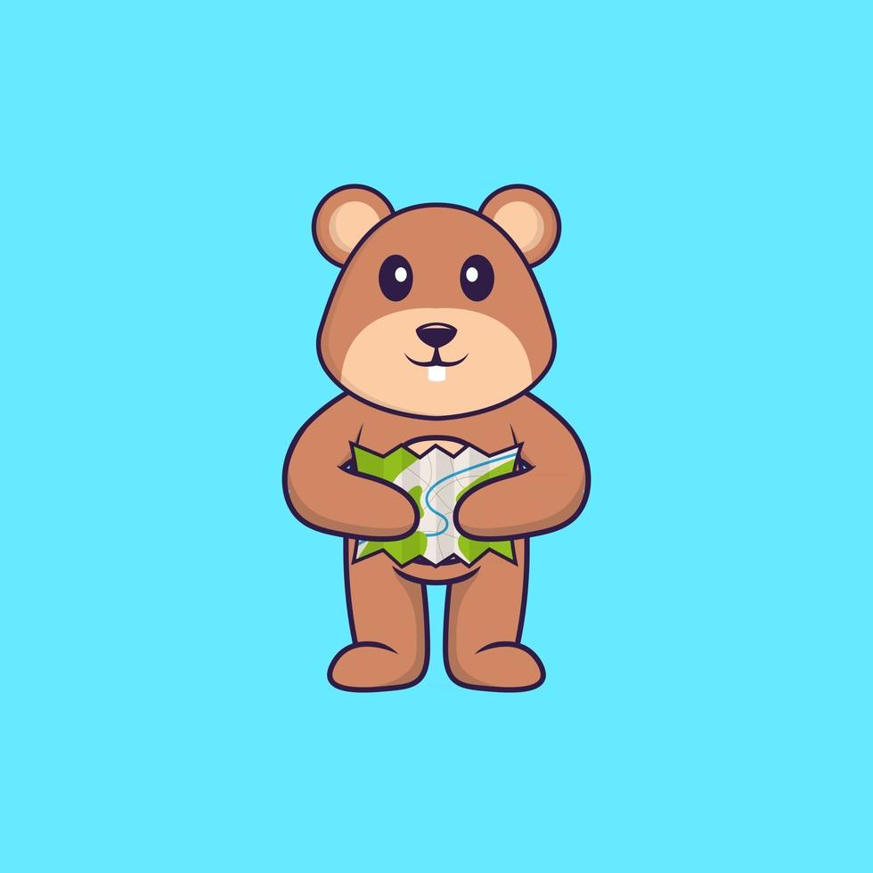Cute squirrel holding a map. Animal cartoon concept isolated. Can used for t-shirt, greeting card, invitation card or mascot. Flat Cartoon Style vector
