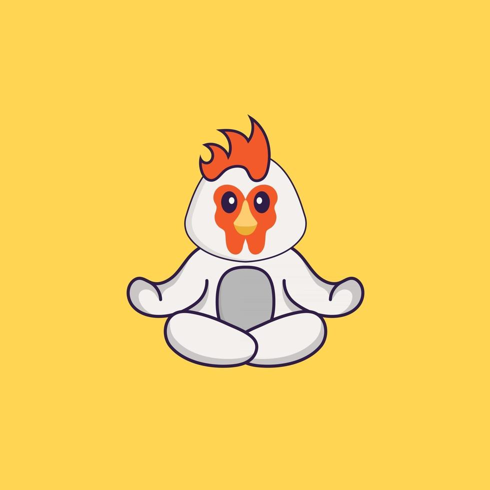 Cute chicken is meditating or doing yoga. Animal cartoon concept isolated. Can used for t-shirt, greeting card, invitation card or mascot. Flat Cartoon Style vector