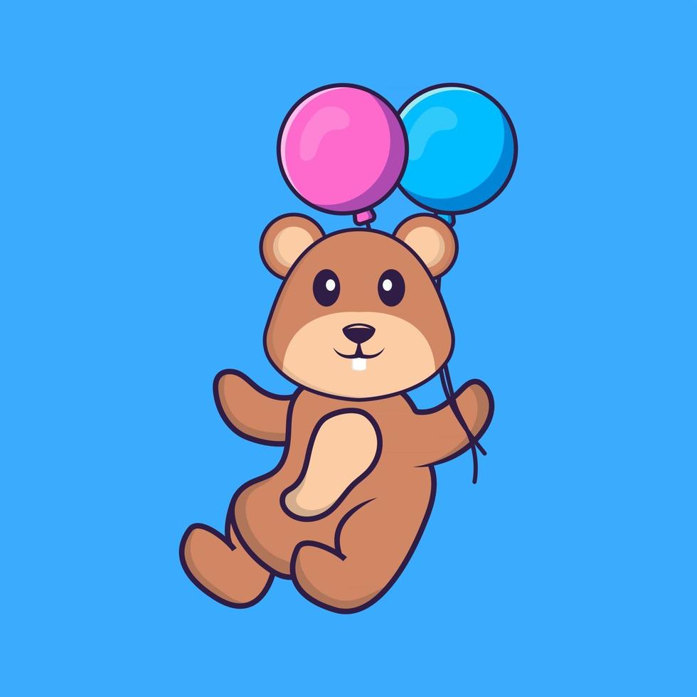 Cute squirrel flying with two balloons. Animal cartoon concept isolated. Can used for t-shirt, greeting card, invitation card or mascot. Flat Cartoon Style vector