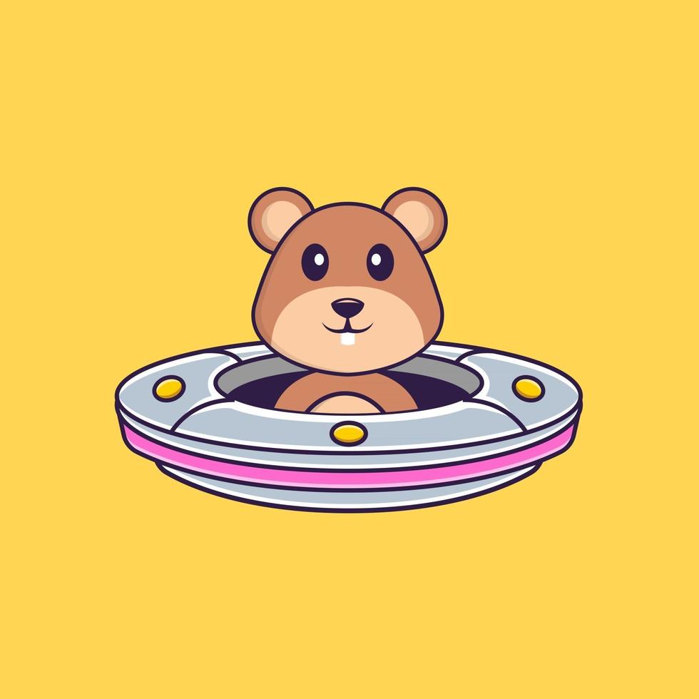 Cute squirrel Driving Spaceship Ufo. Animal cartoon concept isolated. Can used for t-shirt, greeting card, invitation card or mascot. Flat Cartoon Style vector