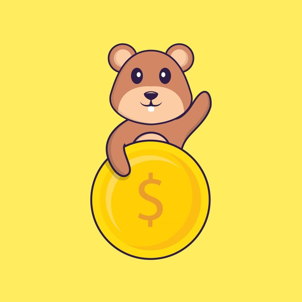 Cute squirrel holding coin. Animal cartoon concept isolated. Can used for t-shirt, greeting card, invitation card or mascot. Flat Cartoon Style vector