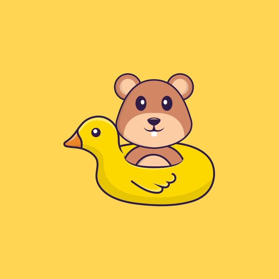 Cute squirrel With Duck buoy. Animal cartoon concept isolated. Can used for t-shirt, greeting card, invitation card or mascot. Flat Cartoon Style vector