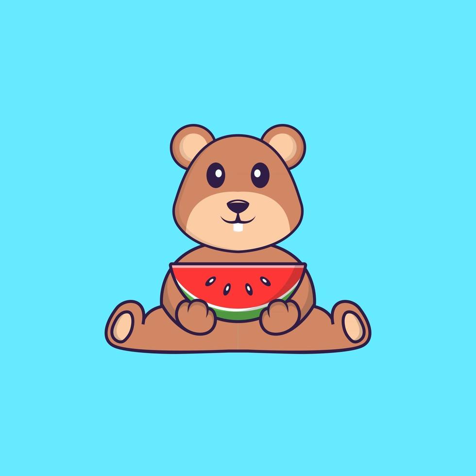 Cute squirrel eating watermelon. Animal cartoon concept isolated. Can used for t-shirt, greeting card, invitation card or mascot. Flat Cartoon Style vector