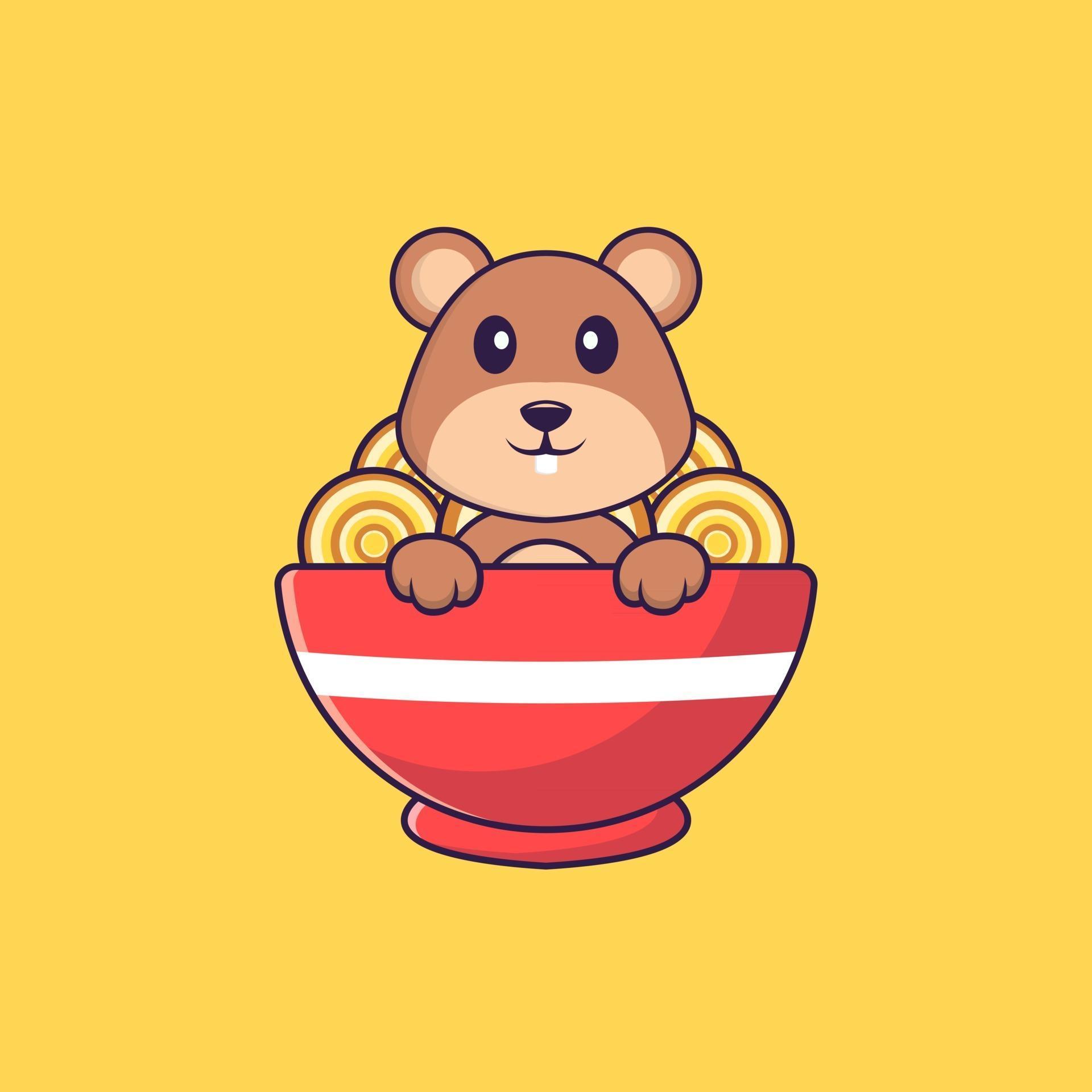 Cute squirrel eating ramen noodles. Animal cartoon concept isolated