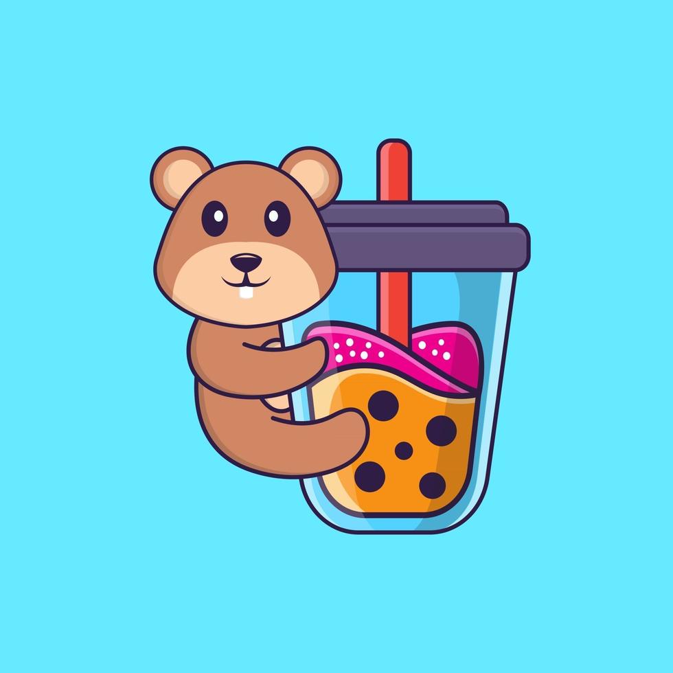 Cute squirrel Drinking Boba milk tea. Animal cartoon concept isolated. Can used for t-shirt, greeting card, invitation card or mascot. Flat Cartoon Style vector