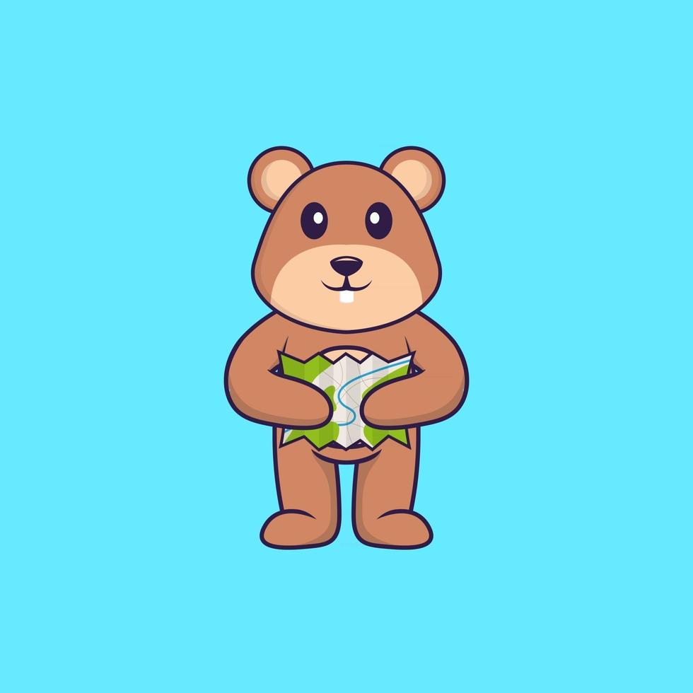 Cute squirrel holding a map. Animal cartoon concept isolated. Can used for t-shirt, greeting card, invitation card or mascot. Flat Cartoon Style vector