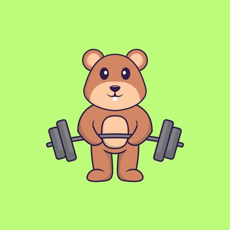 Cute squirrel lifts the barbell. Animal cartoon concept isolated. Can used for t-shirt, greeting card, invitation card or mascot. Flat Cartoon Style vector