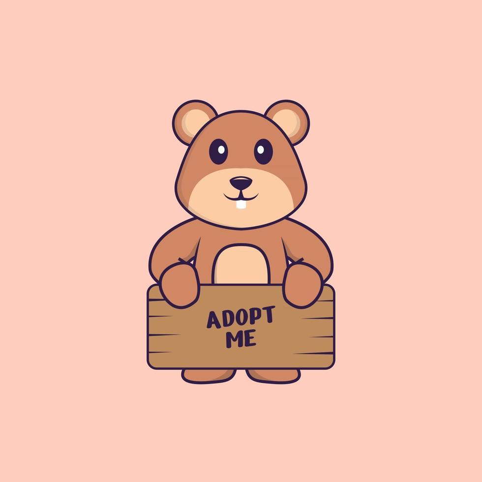 Cute squirrel holding a poster Adopt me. Animal cartoon concept isolated. Can used for t-shirt, greeting card, invitation card or mascot. Flat Cartoon Style vector