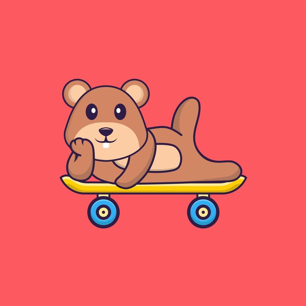 Cute squirrel lying on a skateboard. Animal cartoon concept isolated. Can used for t-shirt, greeting card, invitation card or mascot. Flat Cartoon Style vector