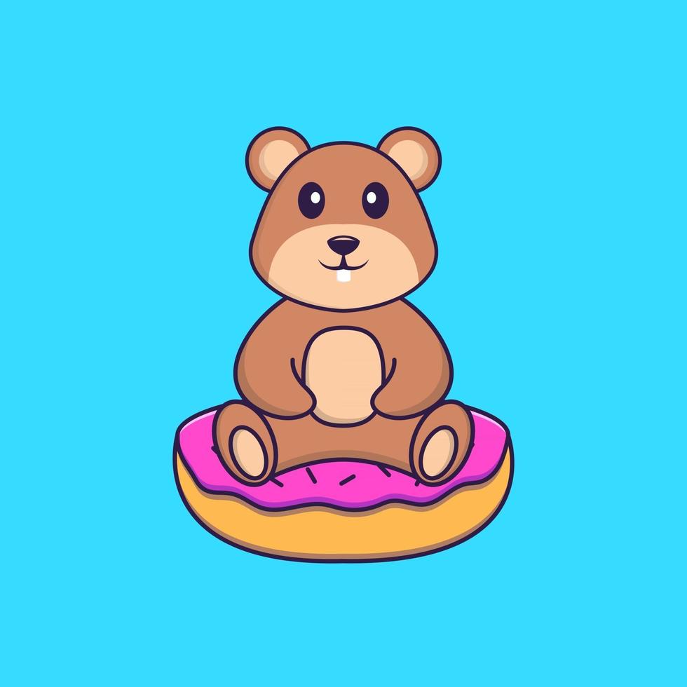 Cute squirrel is sitting on donuts. Animal cartoon concept isolated. Can used for t-shirt, greeting card, invitation card or mascot. Flat Cartoon Style vector
