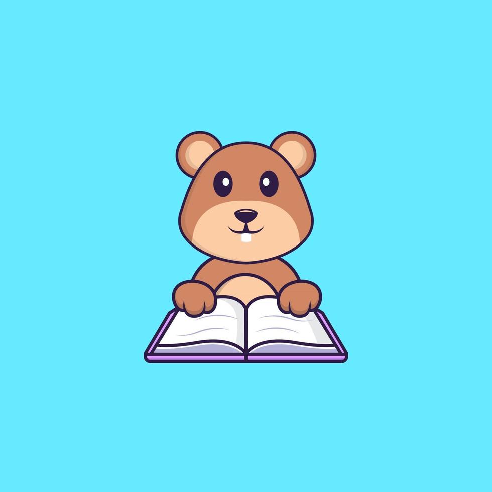 Cute squirrel reading a book. Animal cartoon concept isolated. Can used for t-shirt, greeting card, invitation card or mascot. Flat Cartoon Style vector