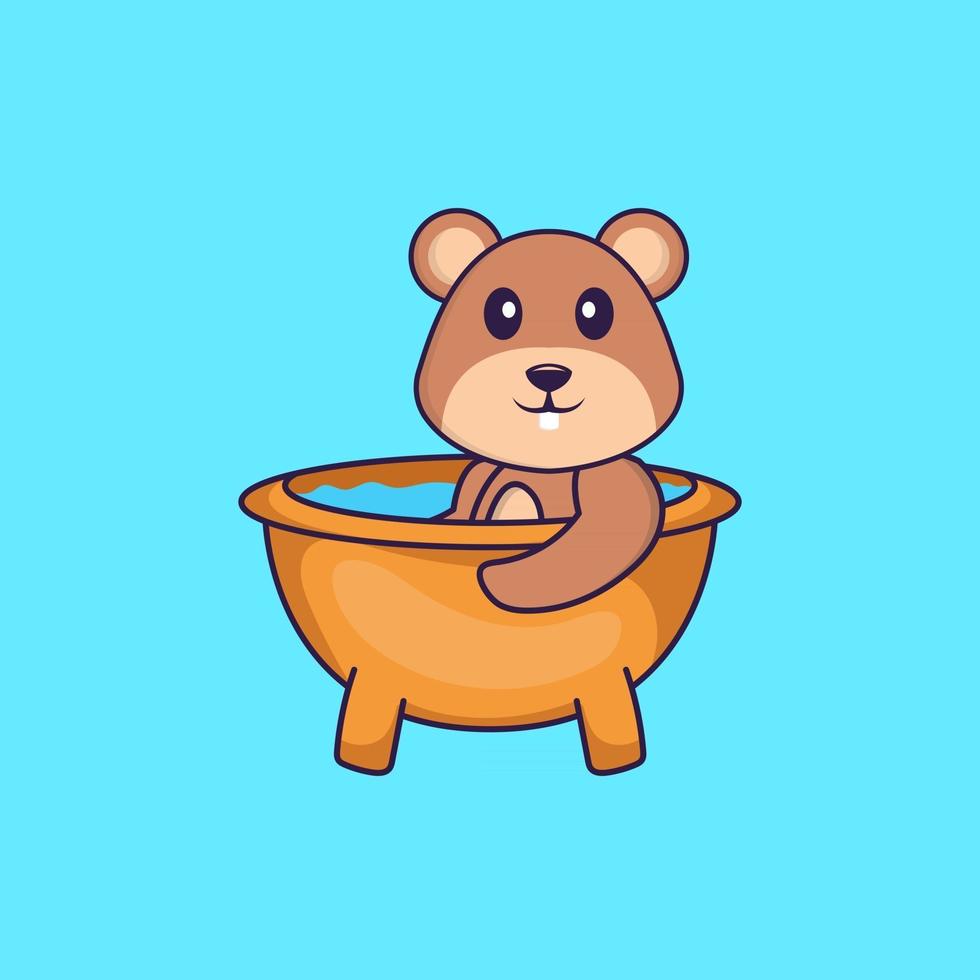 Cute squirrel taking a bath in the bathtub. Animal cartoon concept isolated. Can used for t-shirt, greeting card, invitation card or mascot. Flat Cartoon Style vector