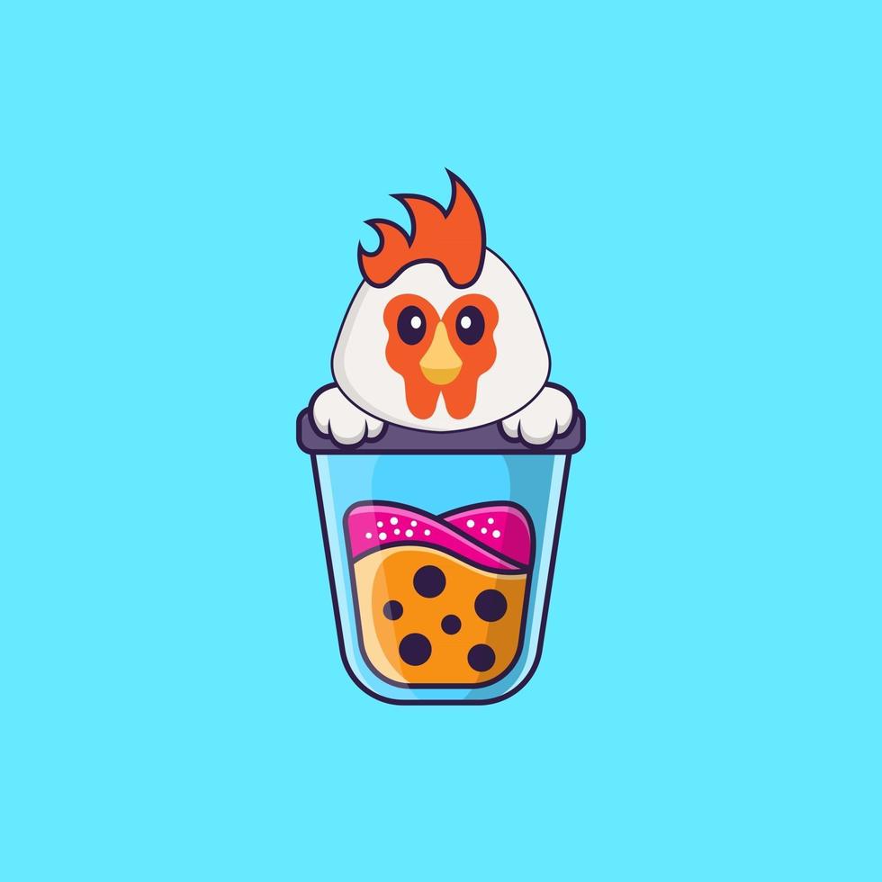 Cute chicken Drinking Boba milk tea. Animal cartoon concept isolated. Can used for t-shirt, greeting card, invitation card or mascot. Flat Cartoon Style vector