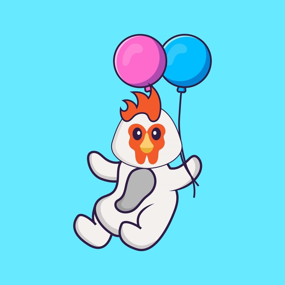 Cute chicken flying with two balloons. Animal cartoon concept isolated. Can used for t-shirt, greeting card, invitation card or mascot. Flat Cartoon Style vector