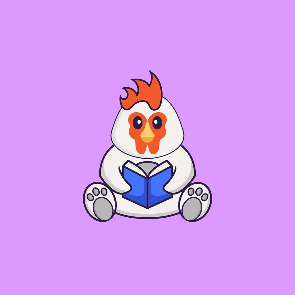 lindo pollo leyendo un libro. aislado concepto de dibujos animados de animales. Puede utilizarse para camiseta, tarjeta de felicitación, tarjeta de invitación o mascota. estilo de dibujos animados plana vector