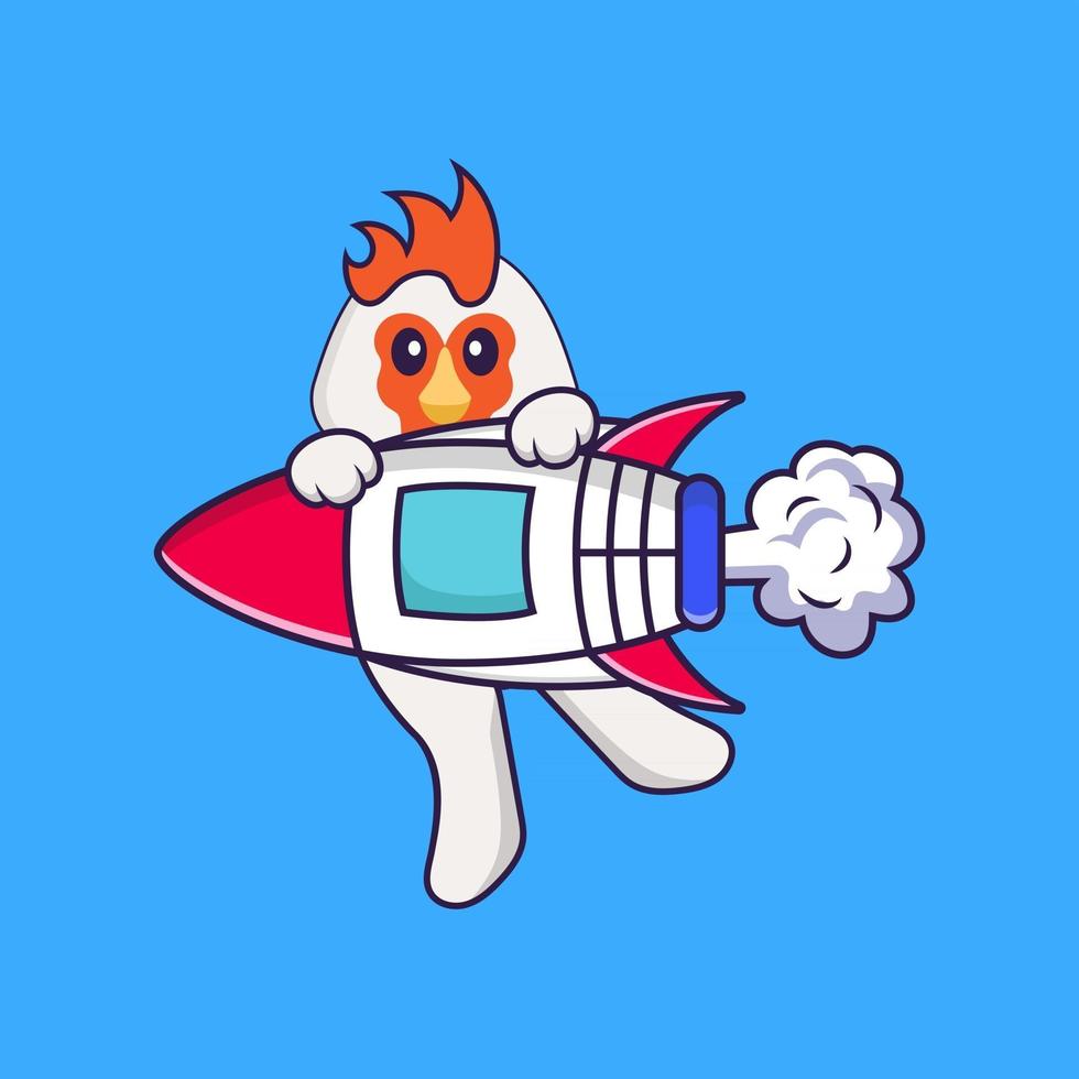 Cute chicken flying on rocket. Animal cartoon concept isolated. Can used for t-shirt, greeting card, invitation card or mascot. Flat Cartoon Style vector