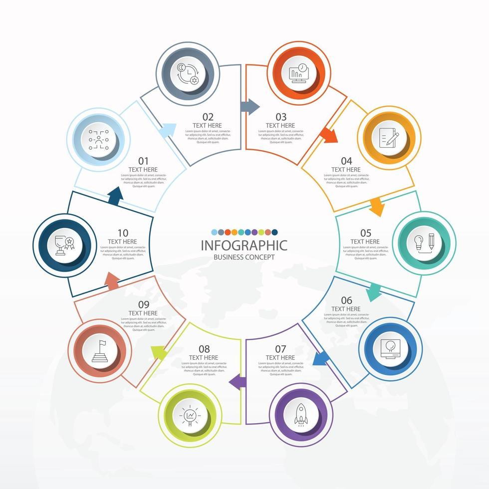 Basic circle infographic template with 10 steps, process or options, process chart, Used for process diagram, presentations, workflow layout, flow chart, infograph. Vector eps10 illustration.