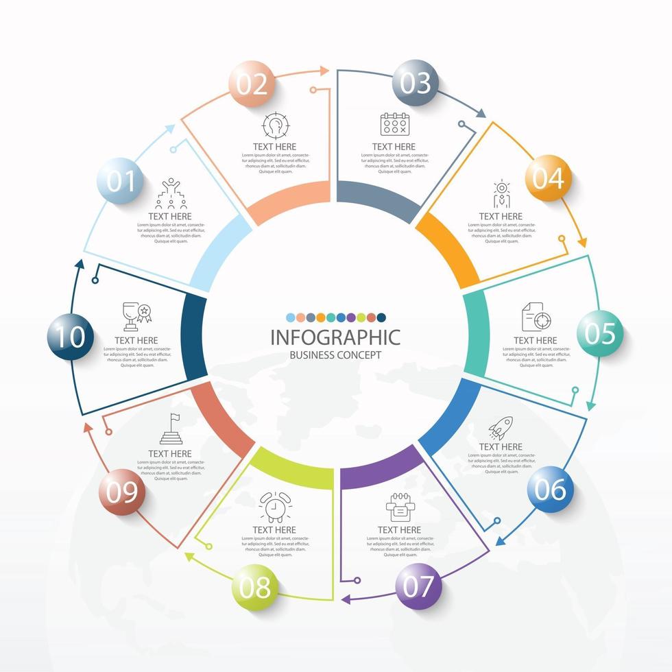 Basic circle infographic template with 10 steps, process or options, process chart, Used for process diagram, presentations, workflow layout, flow chart, infograph. Vector eps10 illustration.