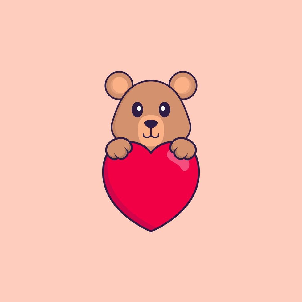 linda rata sosteniendo un gran corazón rojo. aislado concepto de dibujos animados de animales. Puede utilizarse para camiseta, tarjeta de felicitación, tarjeta de invitación o mascota. estilo de dibujos animados plana vector
