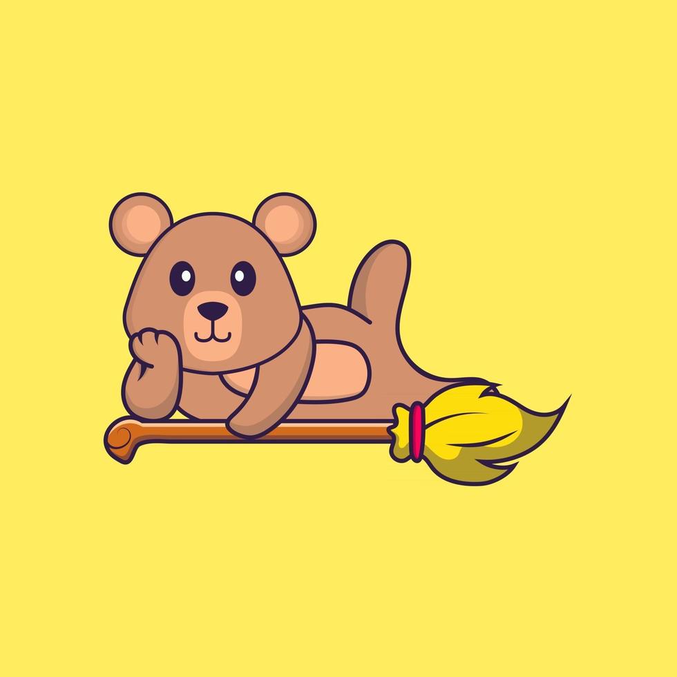 Cute rat lying on Magic Broom. Animal cartoon concept isolated. Can used for t-shirt, greeting card, invitation card or mascot. Flat Cartoon Style vector