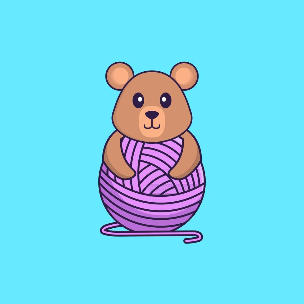 Cute rat playing with wool yarn. Animal cartoon concept isolated. Can used for t-shirt, greeting card, invitation card or mascot. Flat Cartoon Style vector