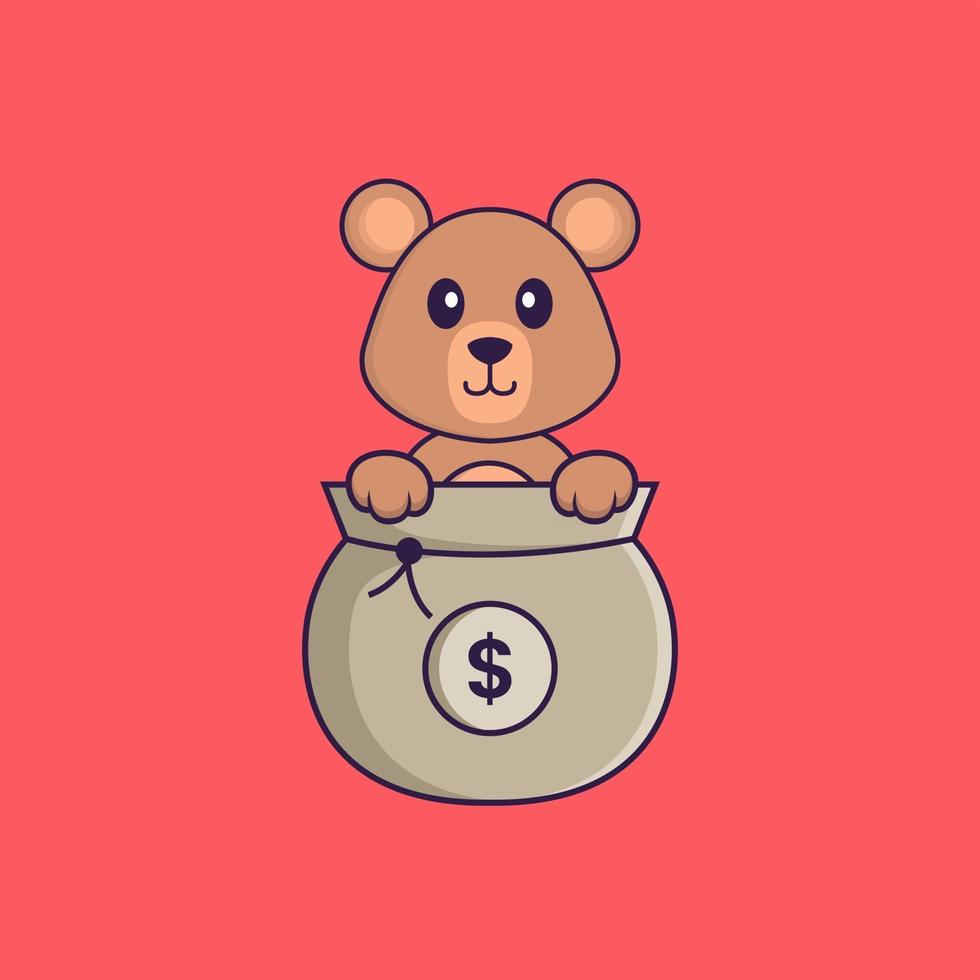 Cute rat playing in money bag. Animal cartoon concept isolated. Can used for t-shirt, greeting card, invitation card or mascot. Flat Cartoon Style vector