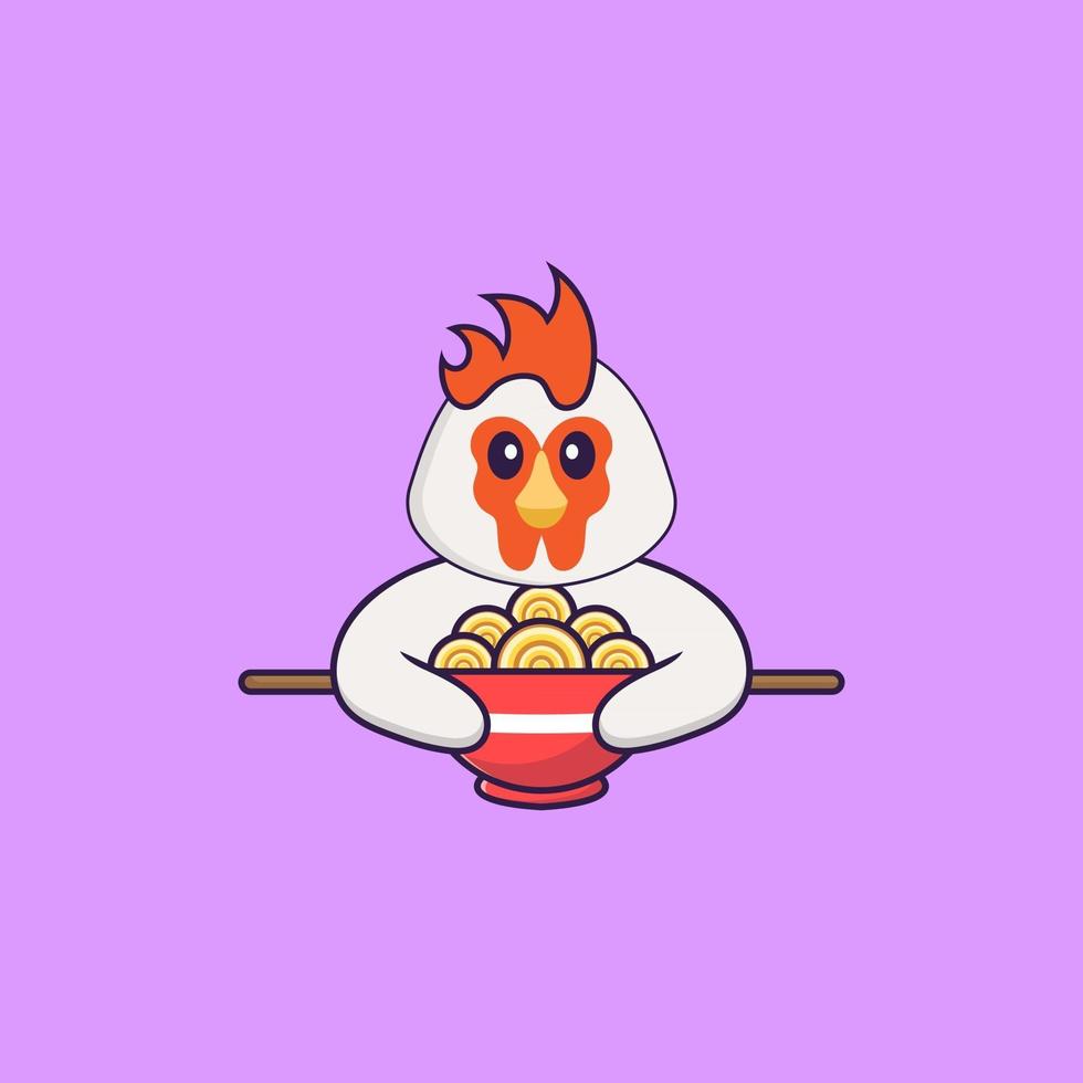Cute chicken eating ramen noodles. Animal cartoon concept isolated. Can used for t-shirt, greeting card, invitation card or mascot. Flat Cartoon Style vector