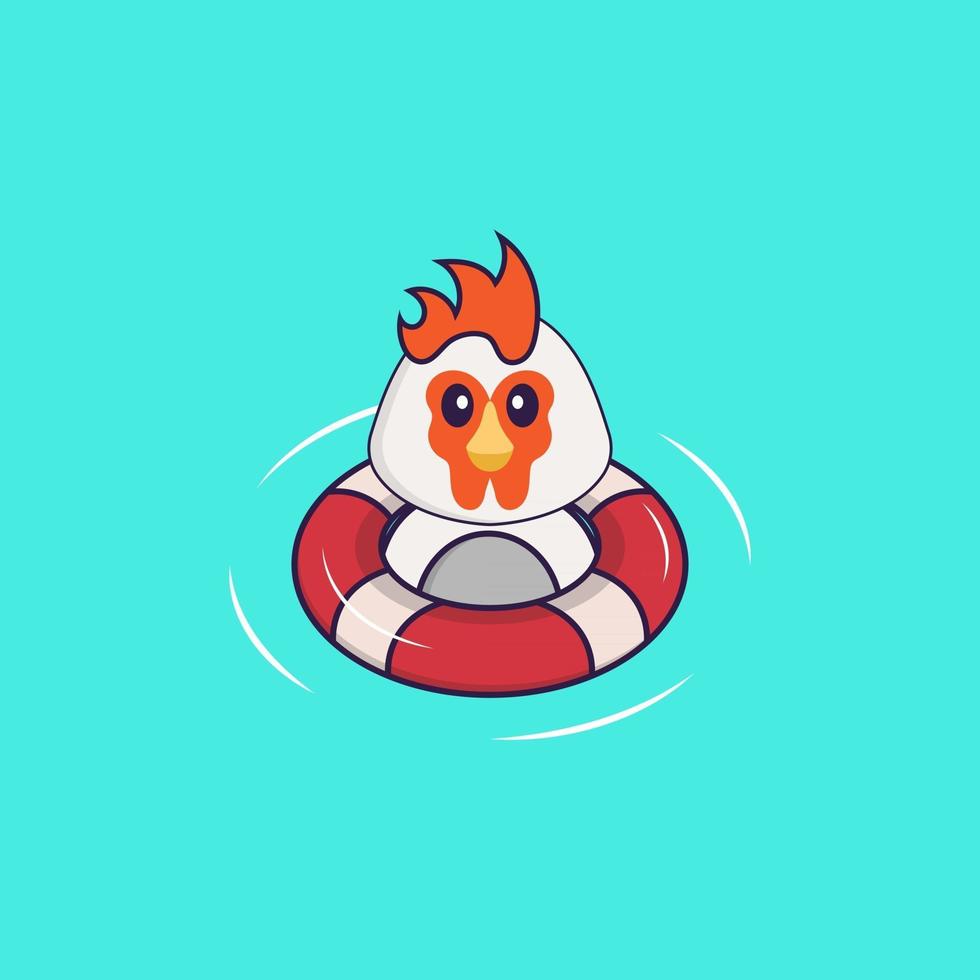 Cute chicken is Swimming with a buoy. Animal cartoon concept isolated. Can used for t-shirt, greeting card, invitation card or mascot. Flat Cartoon Style vector