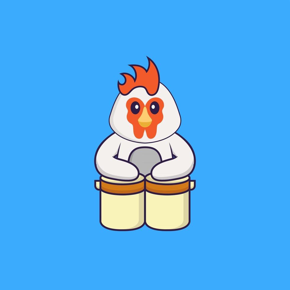 Cute chicken is playing drums. Animal cartoon concept isolated. Can used for t-shirt, greeting card, invitation card or mascot. Flat Cartoon Style vector