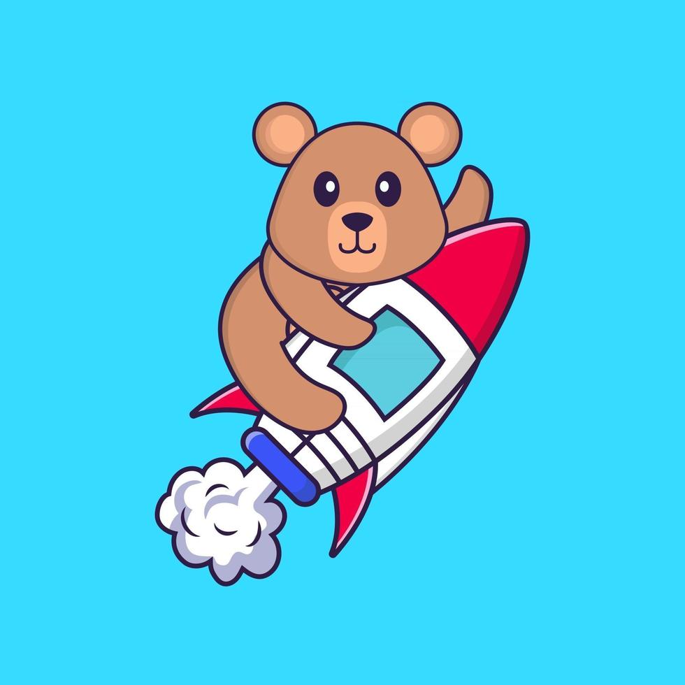 Cute rat flying on rocket. Animal cartoon concept isolated. Can used for t-shirt, greeting card, invitation card or mascot. Flat Cartoon Style vector