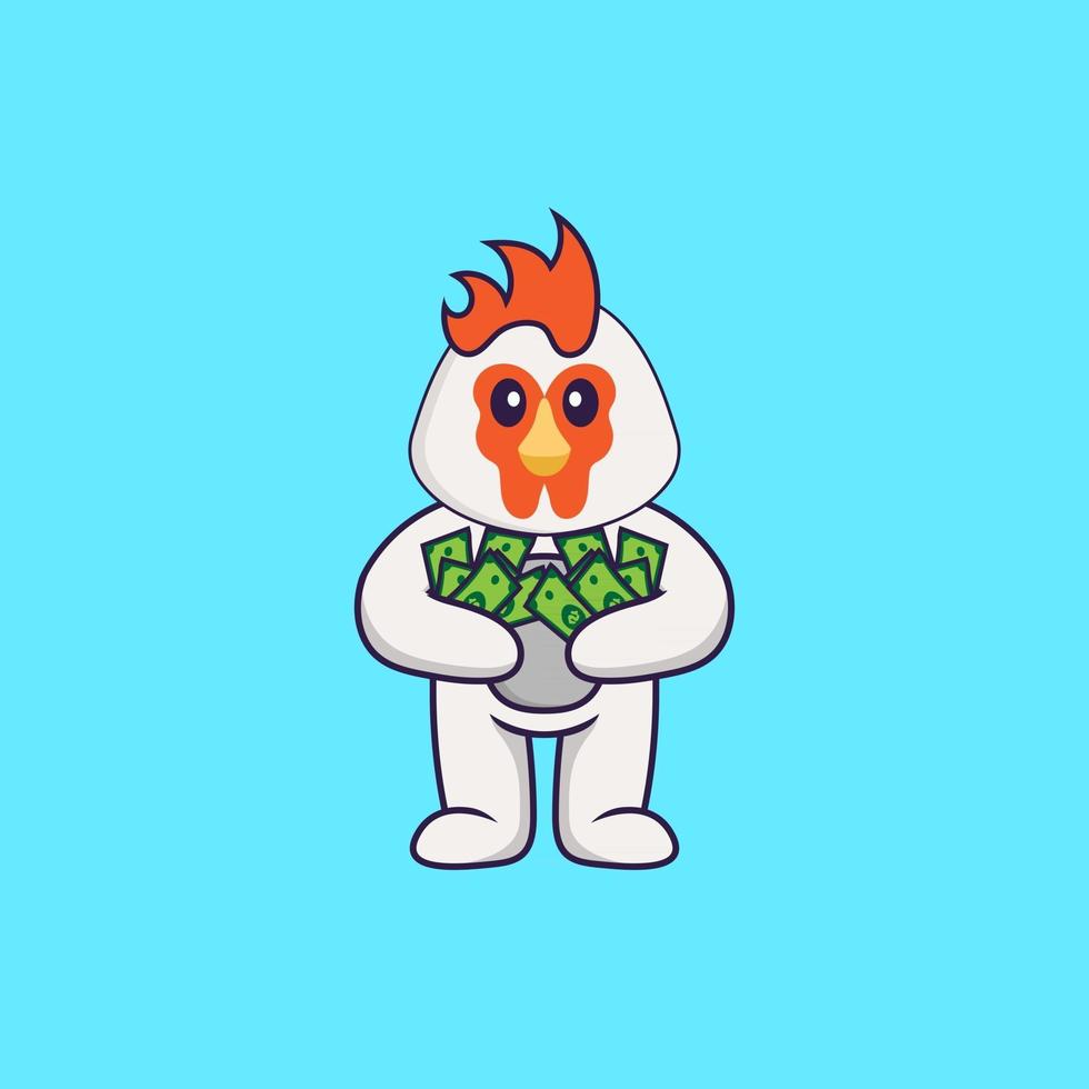 Cute chicken holding money. Animal cartoon concept isolated. Can used for t-shirt, greeting card, invitation card or mascot. Flat Cartoon Style vector