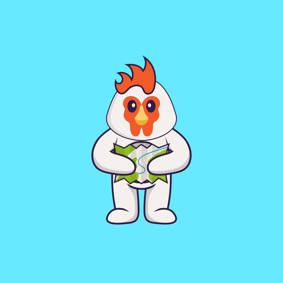 Cute chicken holding a map. Animal cartoon concept isolated. Can used for t-shirt, greeting card, invitation card or mascot. Flat Cartoon Style vector