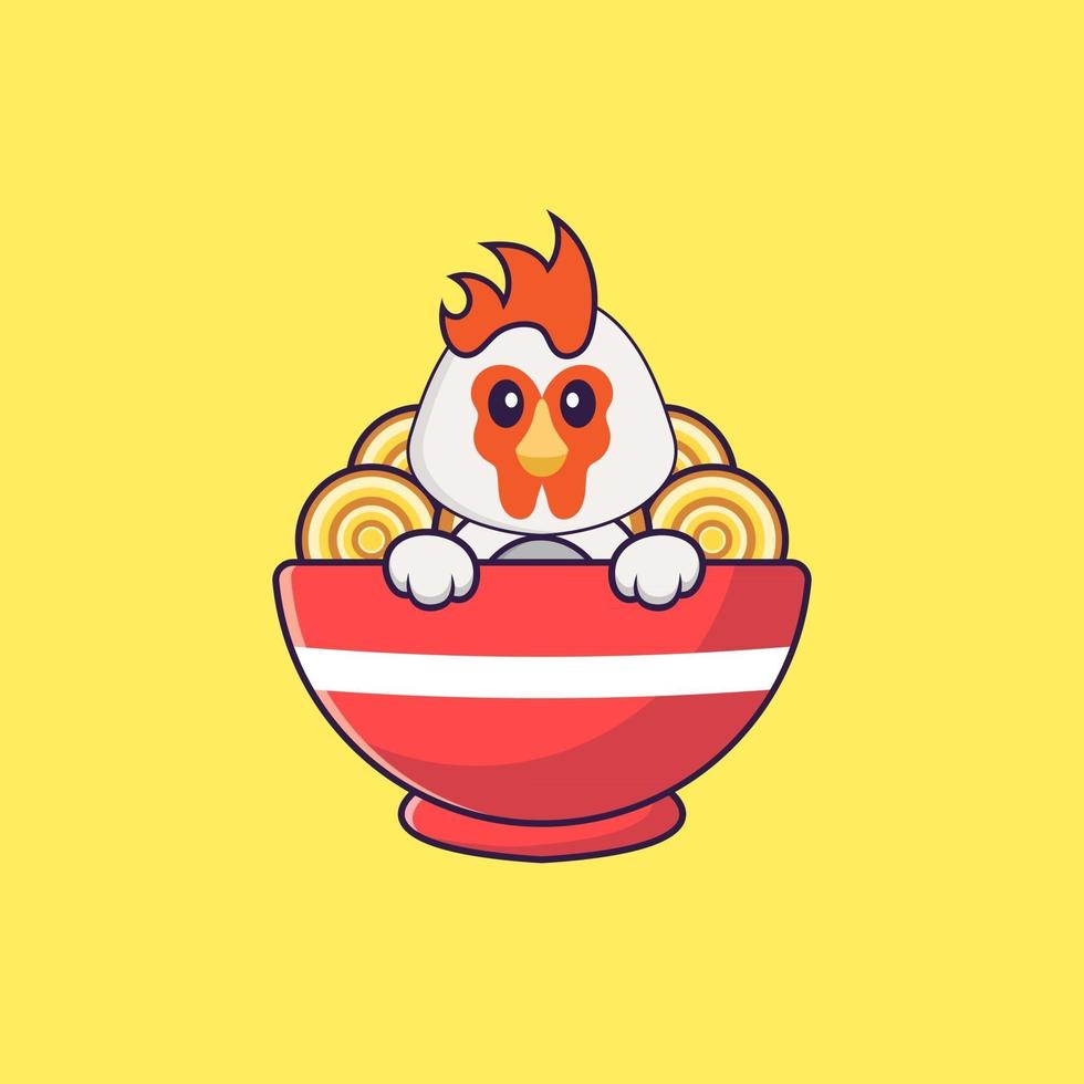 Cute chicken eating ramen noodles. Animal cartoon concept isolated. Can used for t-shirt, greeting card, invitation card or mascot. Flat Cartoon Style vector