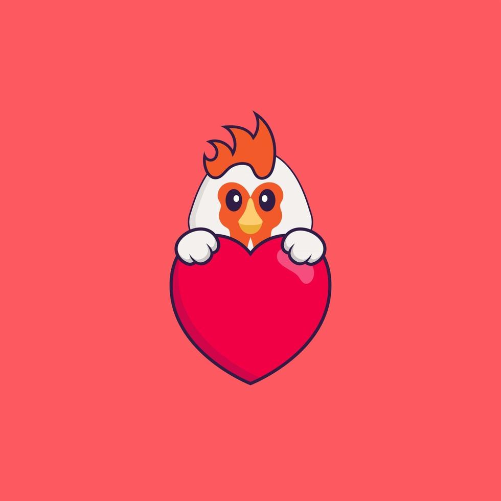 lindo pollo sosteniendo un gran corazón rojo. aislado concepto de dibujos animados de animales. Puede utilizarse para camiseta, tarjeta de felicitación, tarjeta de invitación o mascota. estilo de dibujos animados plana vector