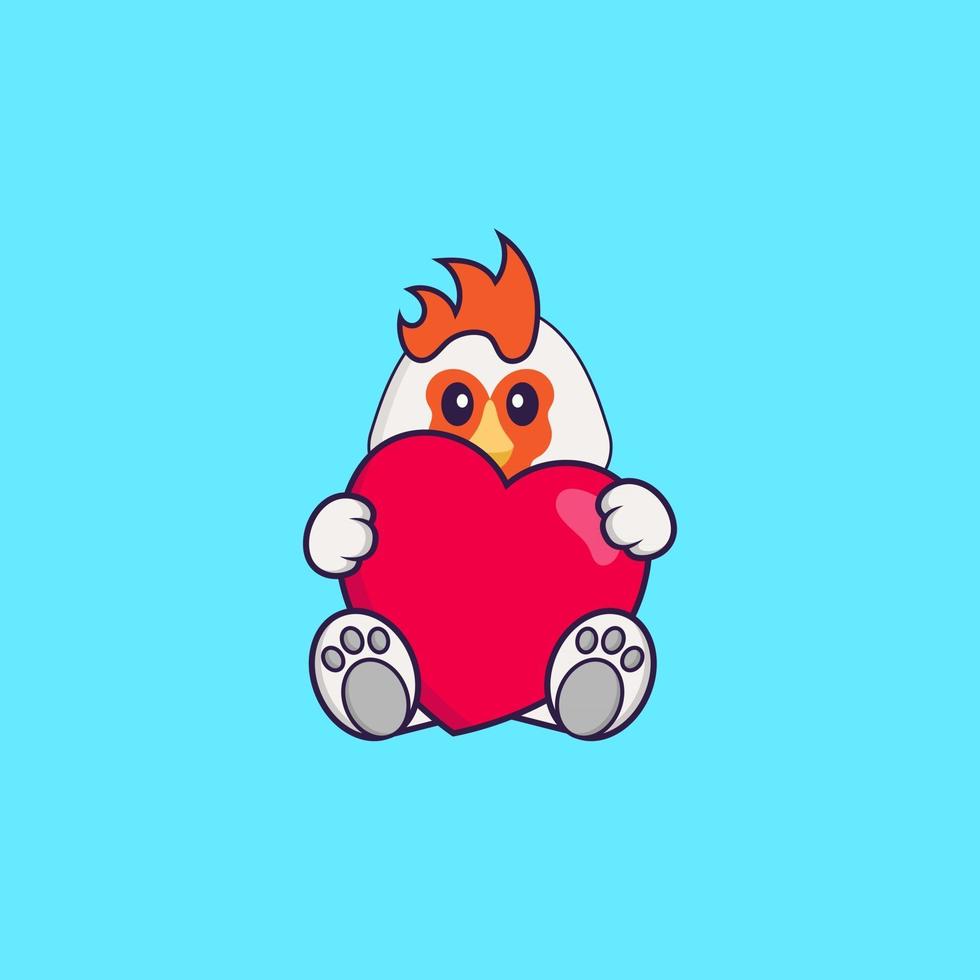 Cute chicken holding a big red heart. Animal cartoon concept isolated. Can used for t-shirt, greeting card, invitation card or mascot. Flat Cartoon Style vector