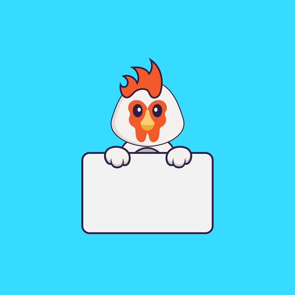 Cute chicken holding whiteboard. Animal cartoon concept isolated. Can used for t-shirt, greeting card, invitation card or mascot. Flat Cartoon Style vector