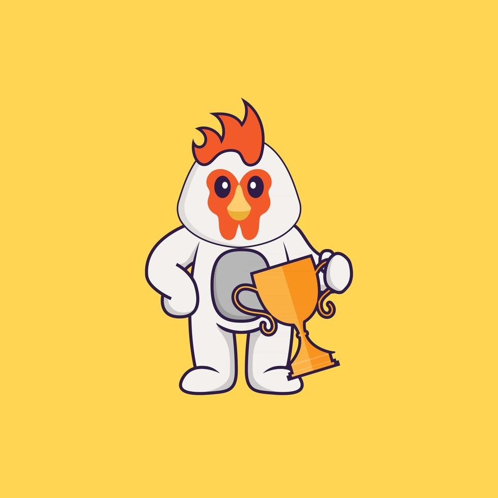 Cute chicken holding gold trophy. Animal cartoon concept isolated. Can used for t-shirt, greeting card, invitation card or mascot. Flat Cartoon Style vector
